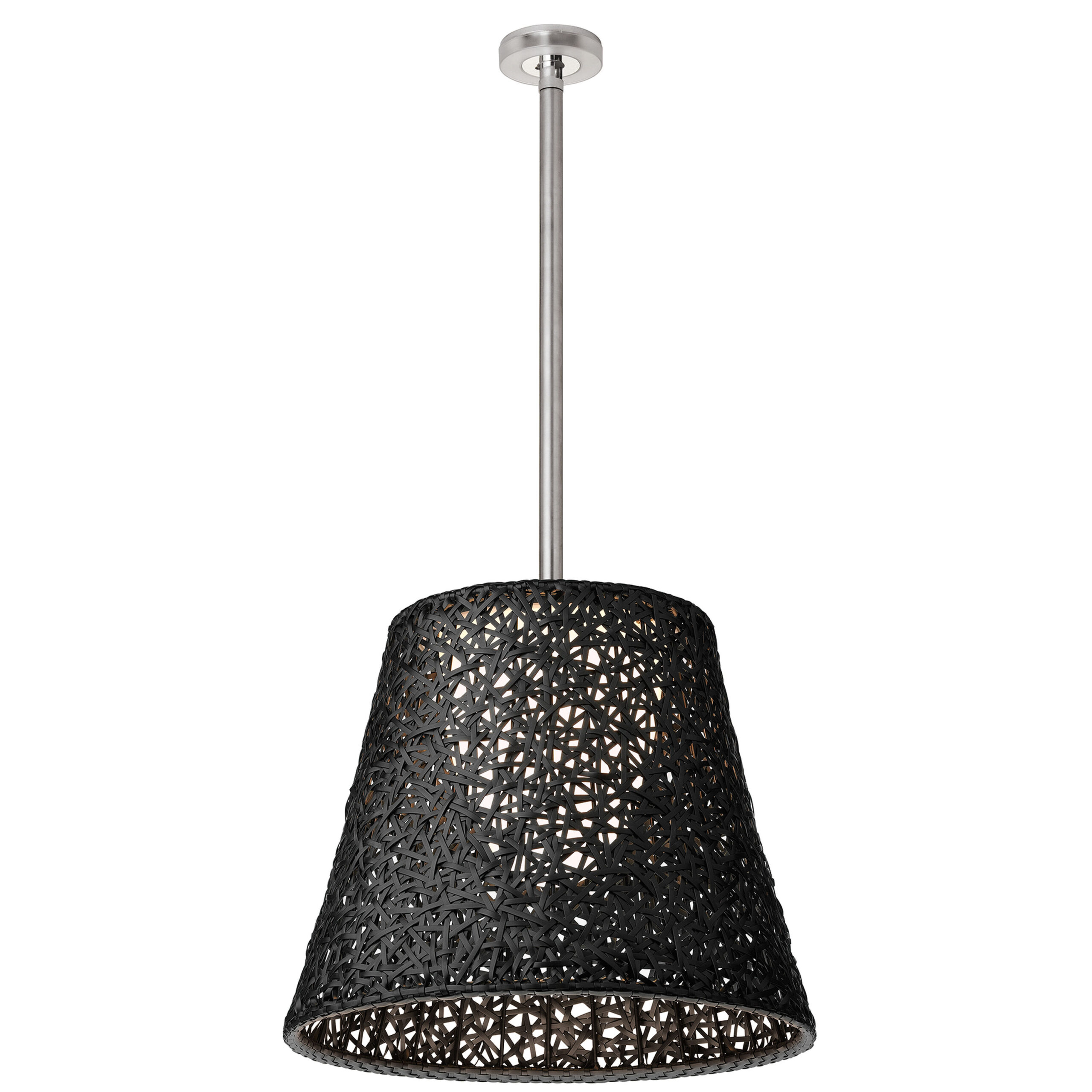 Flos Romeo Outdoor C3 pendant lamp with a 91 cm PVC shade, suspended near a green garden wall for soft ambient lighting.