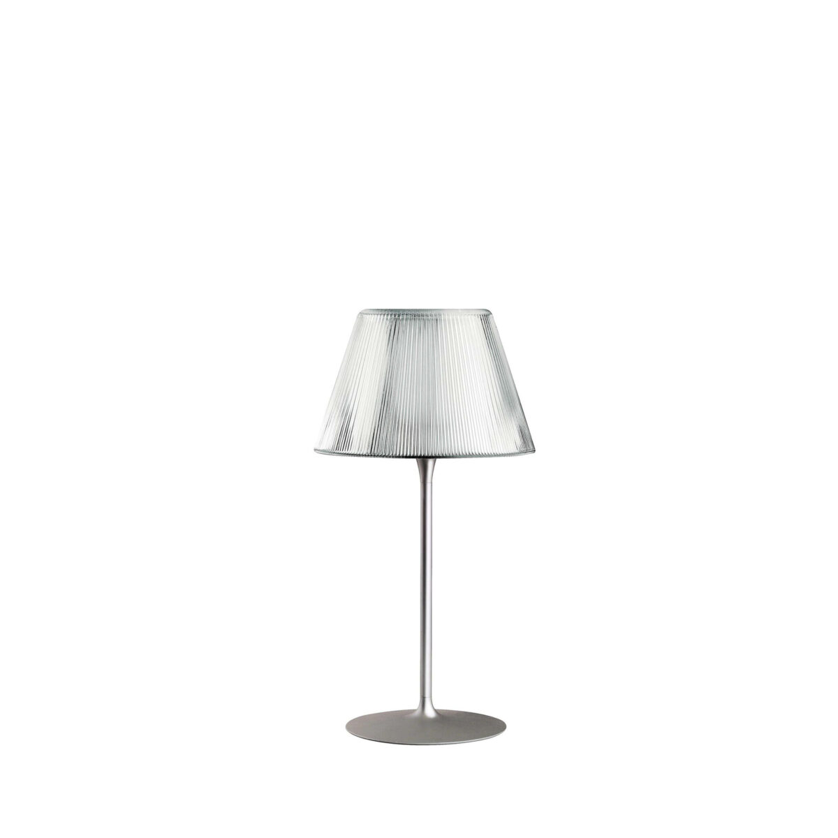 Romeo Moon Table 1 by Flos, Romeo Moon Table 1 Lamp by Flos with clear pressed-glass shade and acid-etched diffuser, front view in a Royal Oak Michigan showroom