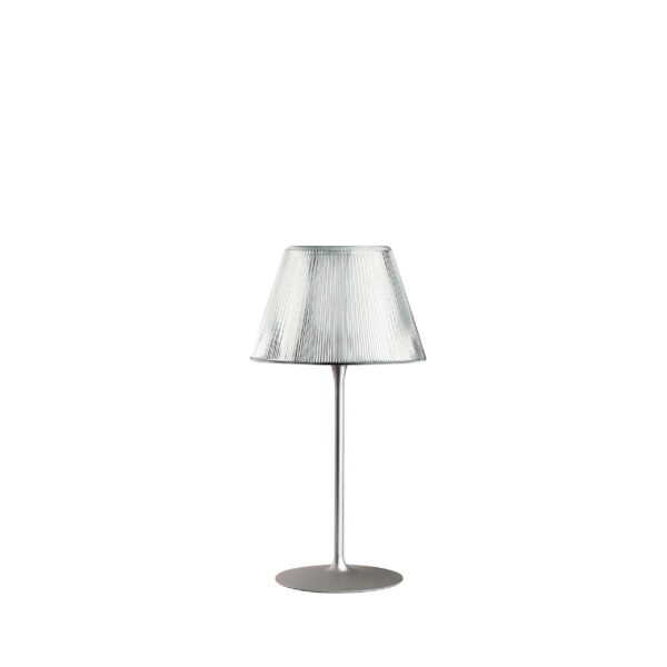 Romeo Moon Table 1 by Flos, Romeo Moon Table 1 Lamp by Flos with clear pressed-glass shade and acid-etched diffuser, front view in a Royal Oak Michigan showroom
