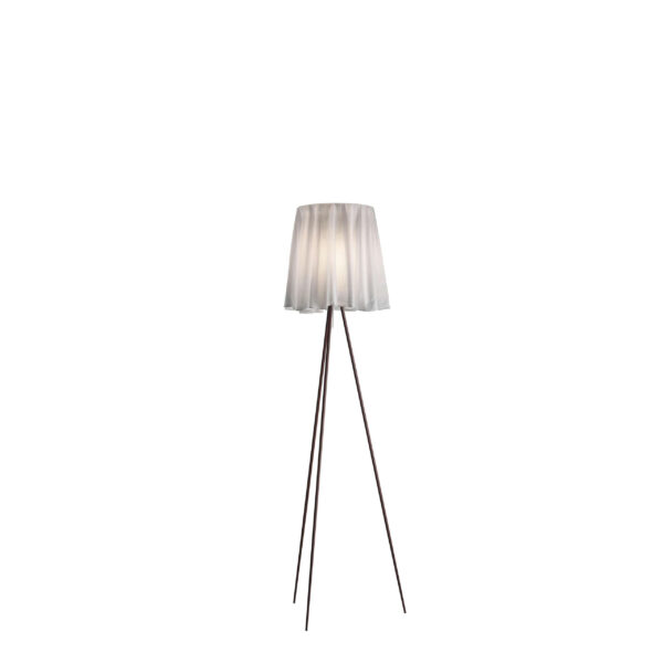 Rosy Angelis by Flos, Rosy Angelis Floor Lamp by Flos featuring ultra-lightweight embossed white fabric shade with embroidered Starck signature, front view in a Royal Oak Michigan showroom