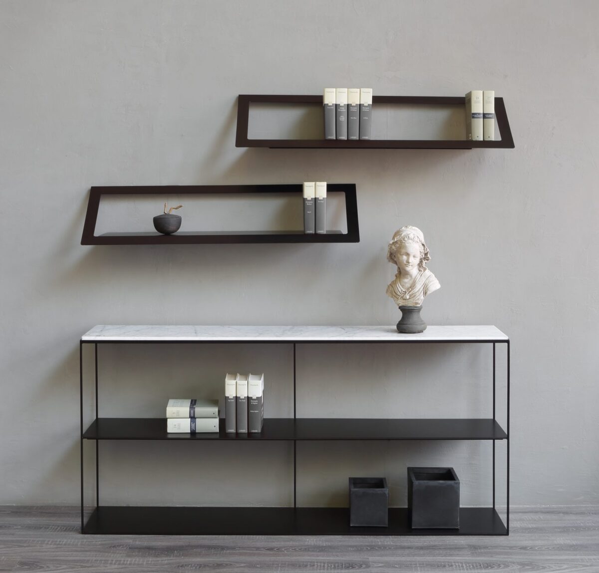 Floating wall shelf with minimalist steel design by Zeusnoto.