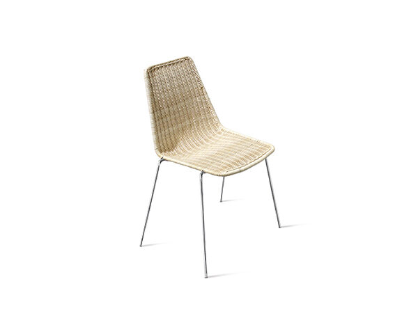 "Sin Chair by Casamania & Horm – Designed by StH, featuring a chromed metal frame and a natural woven wicker seat, handcrafted by skilled Italian artisans. Stackable design suitable for both domestic and public environments.