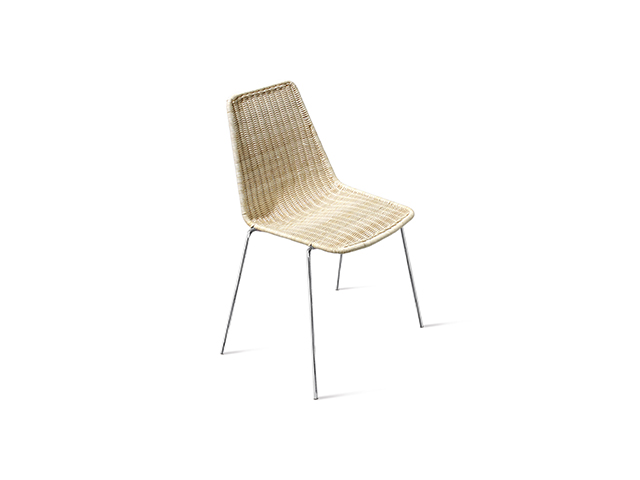 "Sin Chair by Casamania & Horm – Designed by StH, featuring a chromed metal frame and a natural woven wicker seat, handcrafted by skilled Italian artisans. Stackable design suitable for both domestic and public environments.