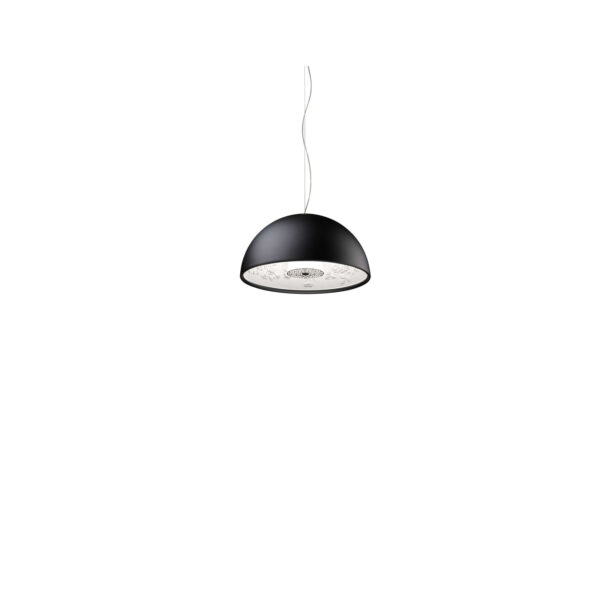 Skygarden Small by Flos, Skygarden Small pendant lamp in matte black, its dome-shaped aluminum shade hanging by a clear cable, revealing an ornate white plaster interior with floral relief.