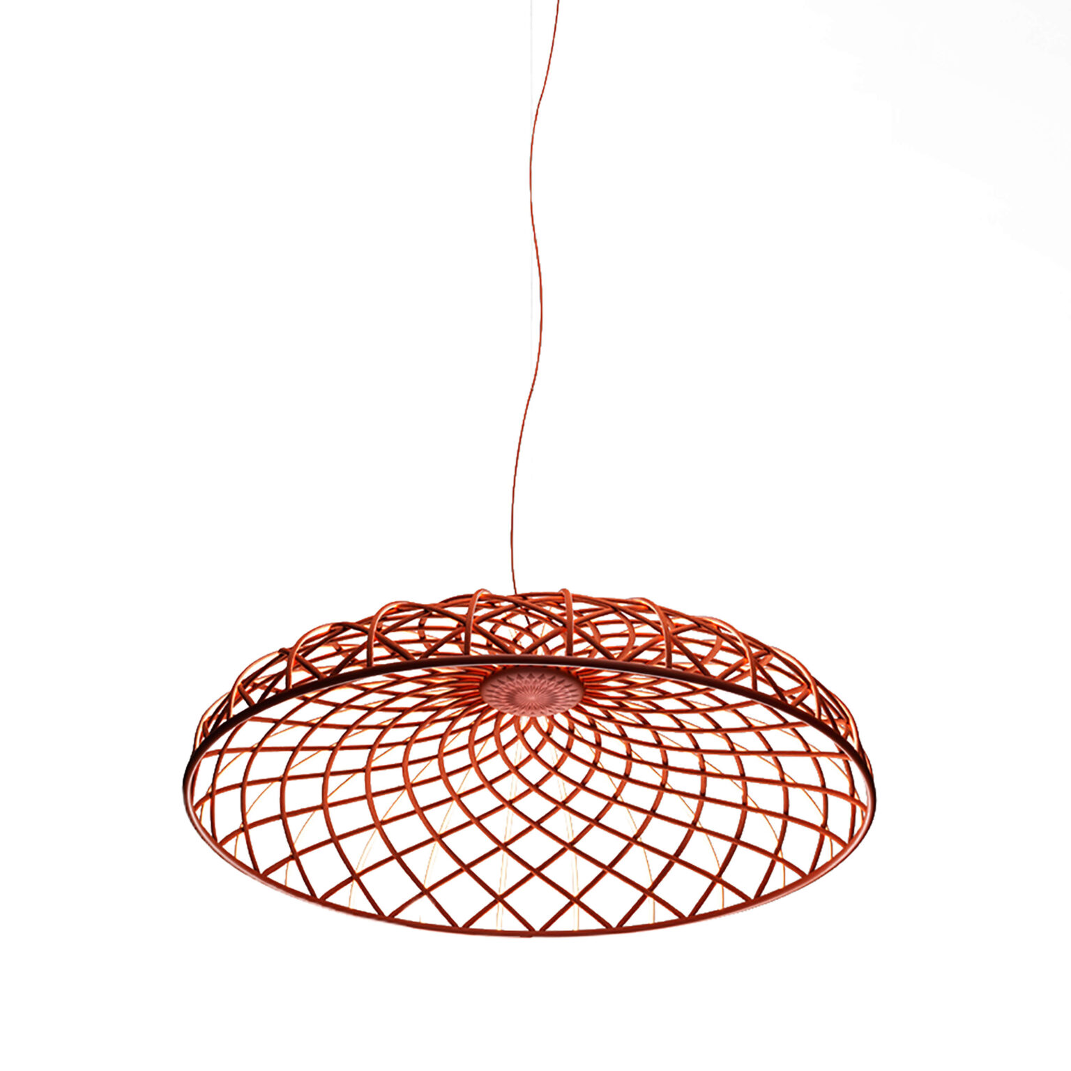 Skynest Suspension by Flos, Skynest Suspension pendant in brick-red, woven like an open basket of LED‑embedded fabric tubes forming a lighted dome.