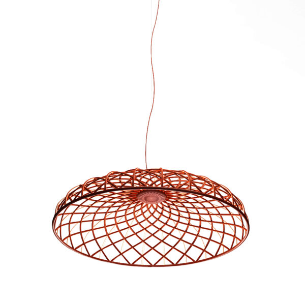 Skynest Suspension by Flos, Skynest Suspension pendant in brick-red, woven like an open basket of LED‑embedded fabric tubes forming a lighted dome.