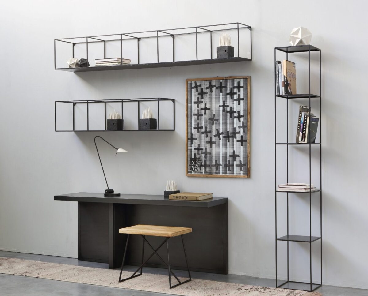 Wall-mounted rack with slim steel frame and open design by Zeusnoto.