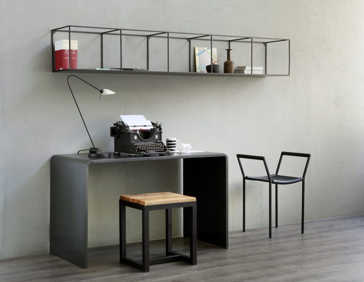 Wall-mounted rack with slim steel frame and open design by Zeusnoto.