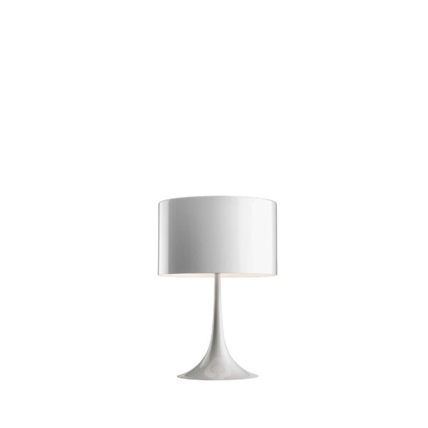 Spun Light Table 1 by Flos, Contemporary Spun Light Table 1 lamp by Flos in glossy white, featuring a rounded aluminum base and curved shade.