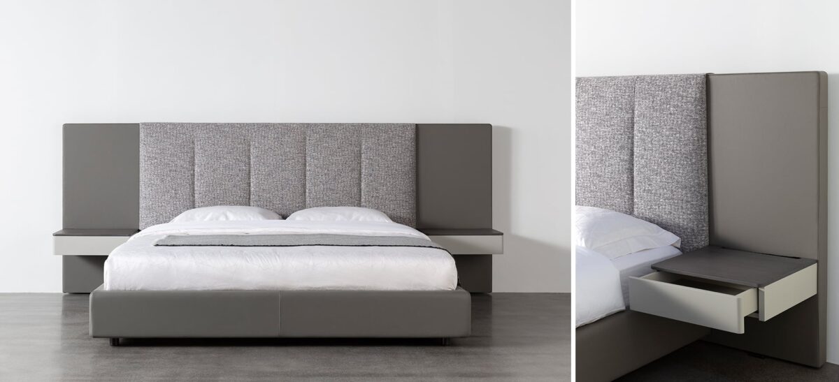Spacious upholstered bed with wide headboard and contemporary design by Camerich.