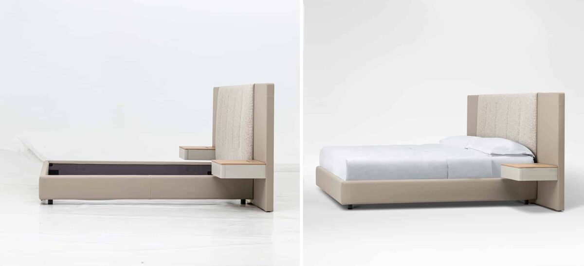 Spacious upholstered bed with wide headboard and contemporary design by Camerich.