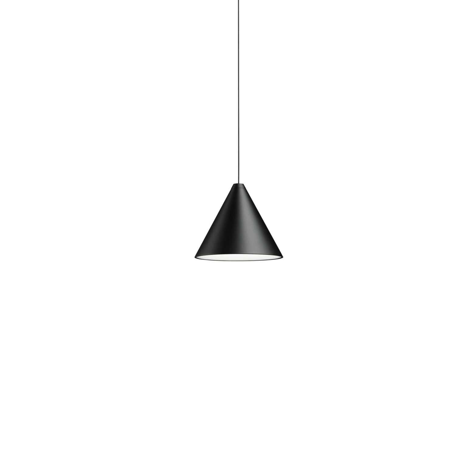 String Light Cone by Flos, Black cone pendant from the String Light Cone collection, suspended by a long slender cable, casting soft downward light.