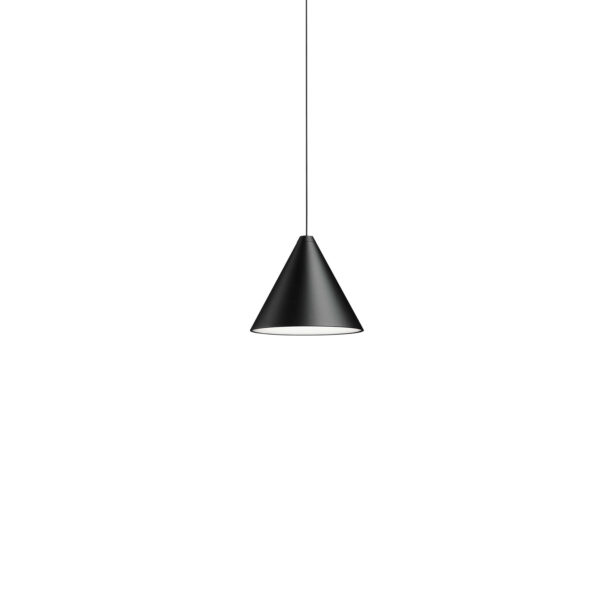 String Light Cone by Flos, Black cone pendant from the String Light Cone collection, suspended by a long slender cable, casting soft downward light.