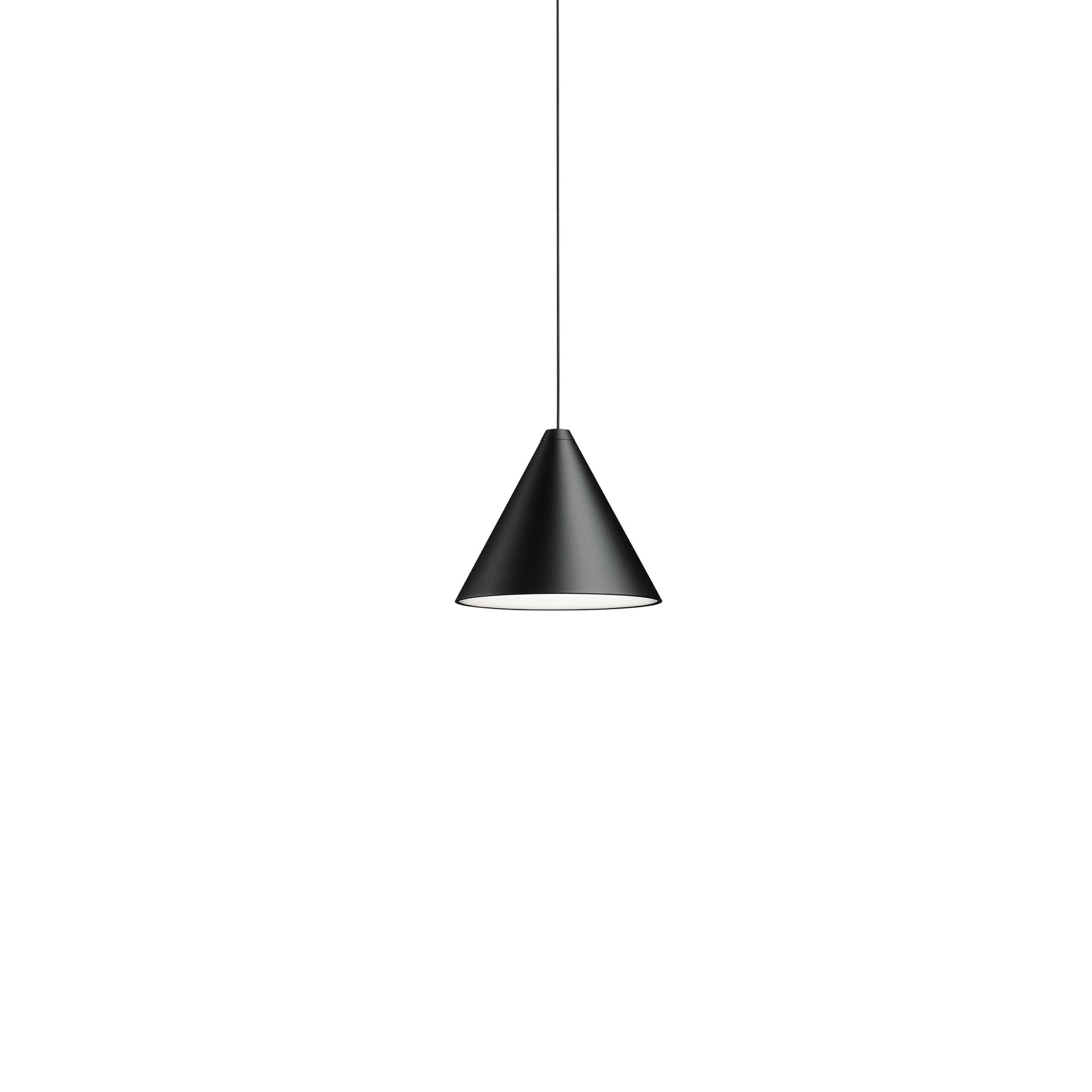 String Light Cone by Flos, Black cone pendant from the String Light Cone collection, suspended by a long slender cable, casting soft downward light.