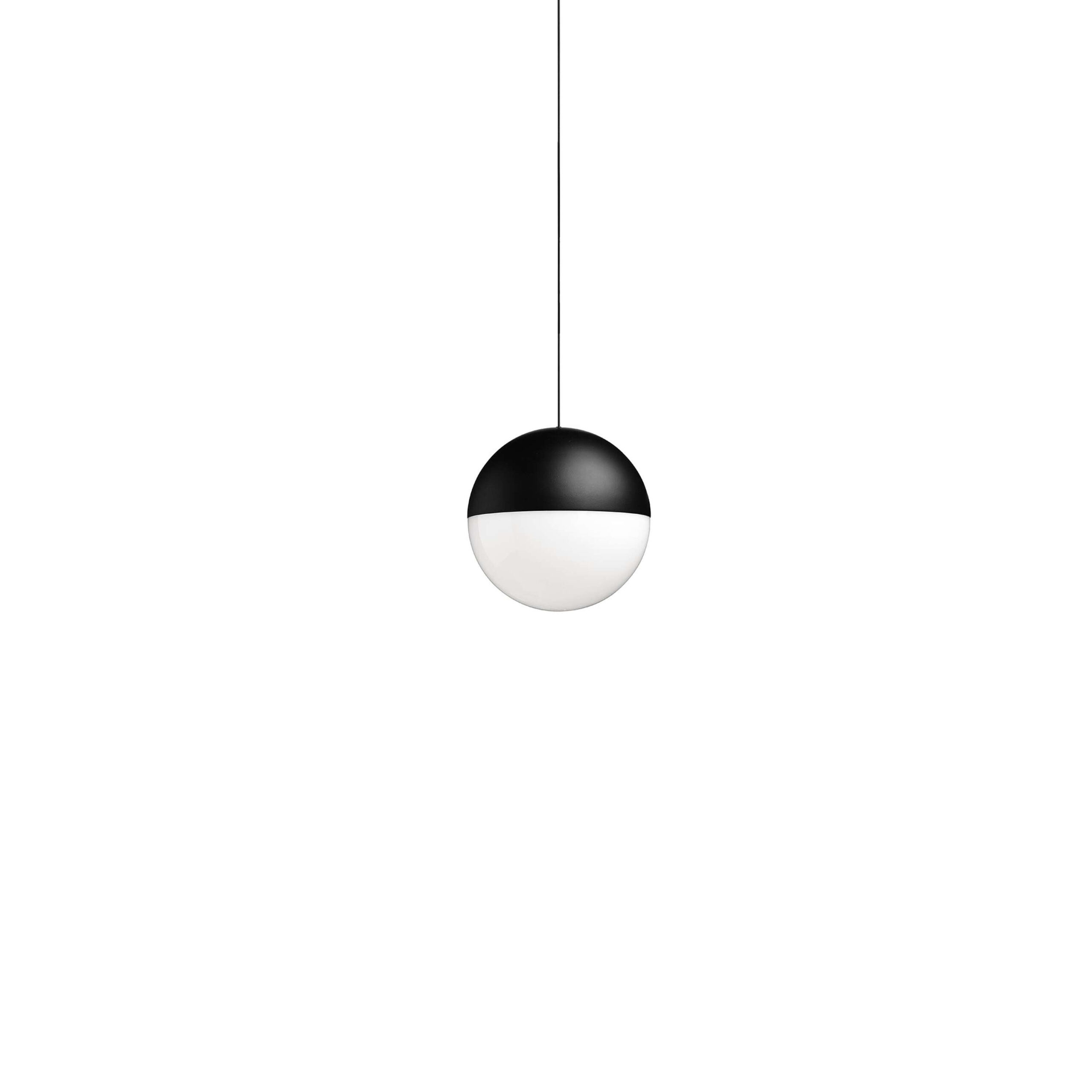 String Light Sphere pendant by Flos with a spherical diffuser suspended from a long black cord.