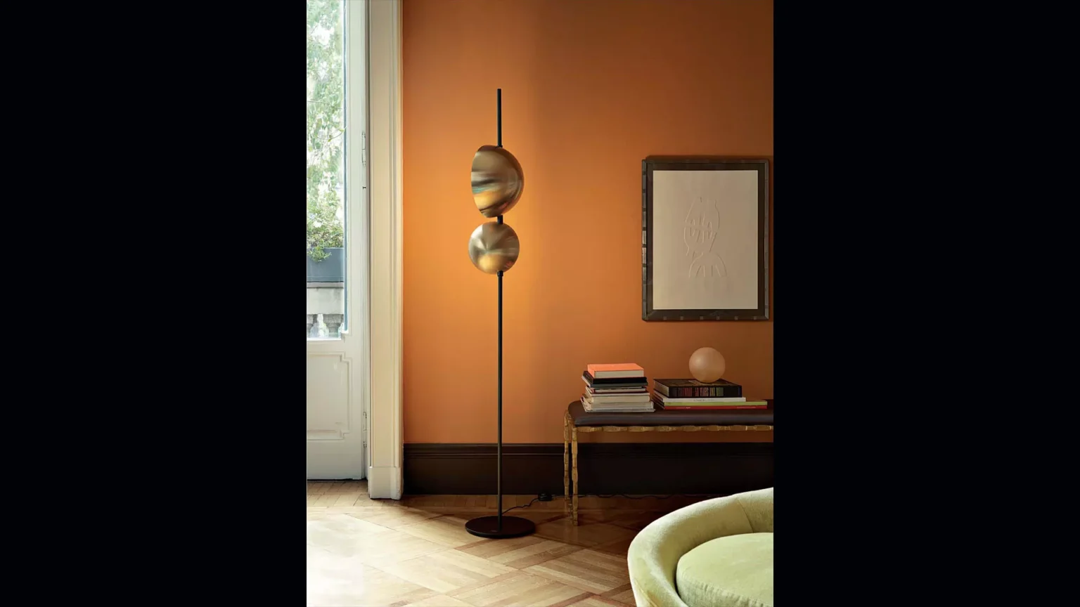 “Superluna by Oluce contemporary designer lighting – minimalist floor lamp featuring magnetic movement and indirect glow”