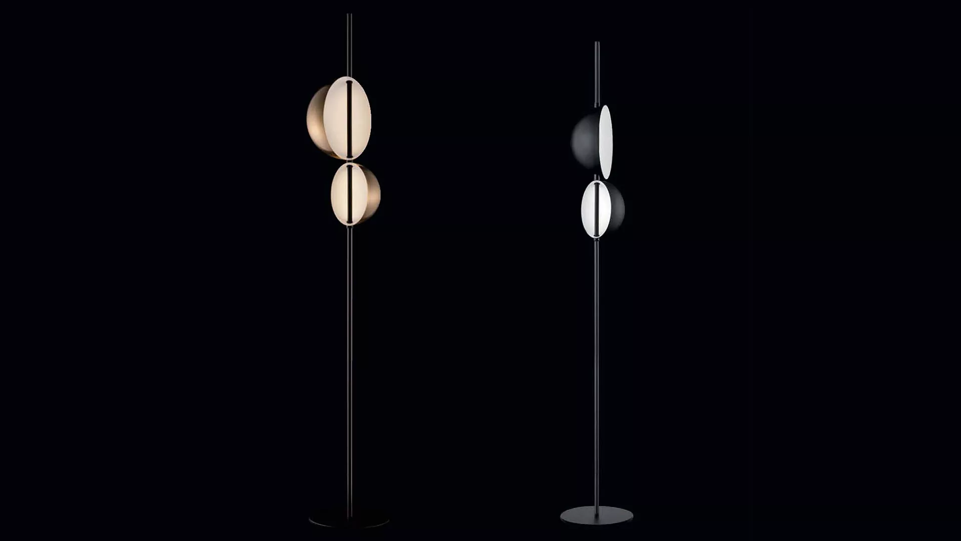 “Superluna by Oluce luxury modern lighting – black metal floor lamp with sculptural silhouette and adjustable head”