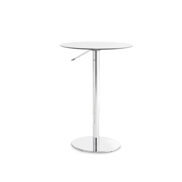 T2 Bistrot Round Table by Casamania & Horm – Designed by StH, featuring a height-adjustable chromed metal base with gas lift (67–107 cm) and a round HPL top (70 cm diameter), suitable for both indoor and outdoor contract use.