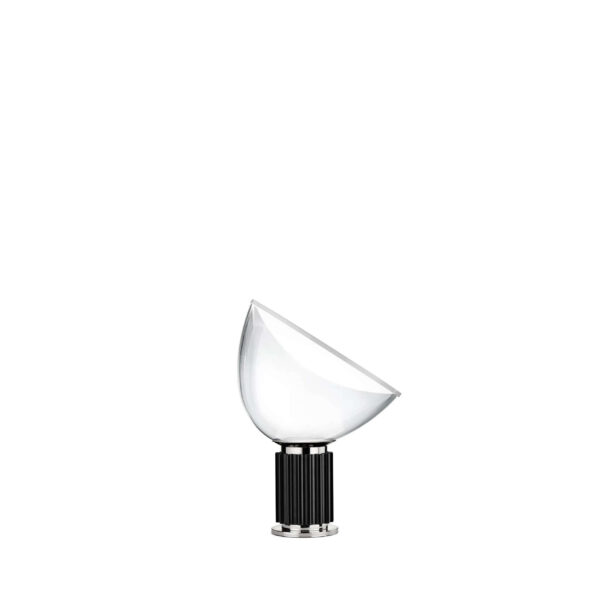 Taccia Small by Flos, Taccia Small Table Lamp by Flos with matte-black extruded aluminum stem and white concave reflector, front view in a Royal Oak Michigan showroom