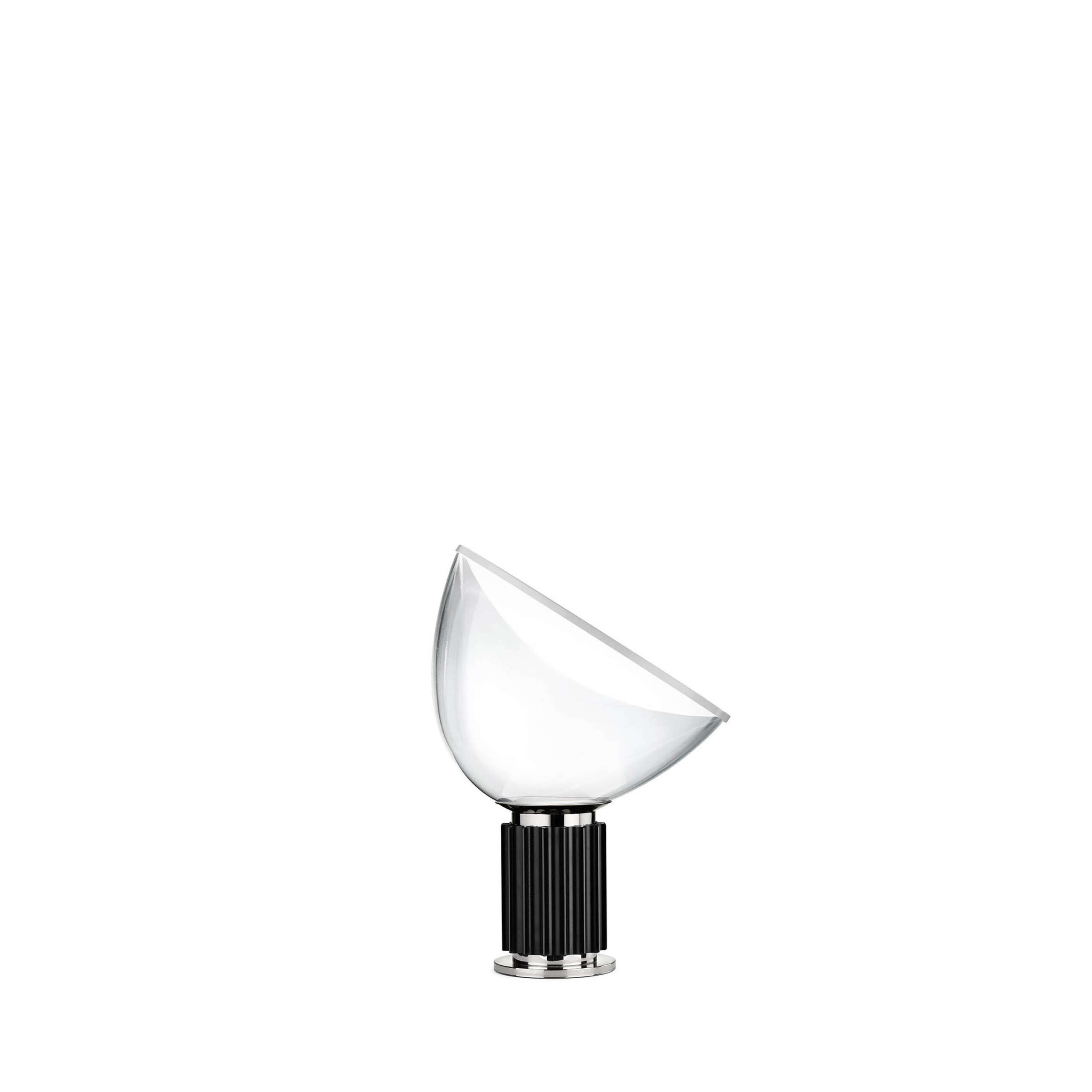 Taccia Small by Flos, Taccia Small Table Lamp by Flos with matte-black extruded aluminum stem and white concave reflector, front view in a Royal Oak Michigan showroom