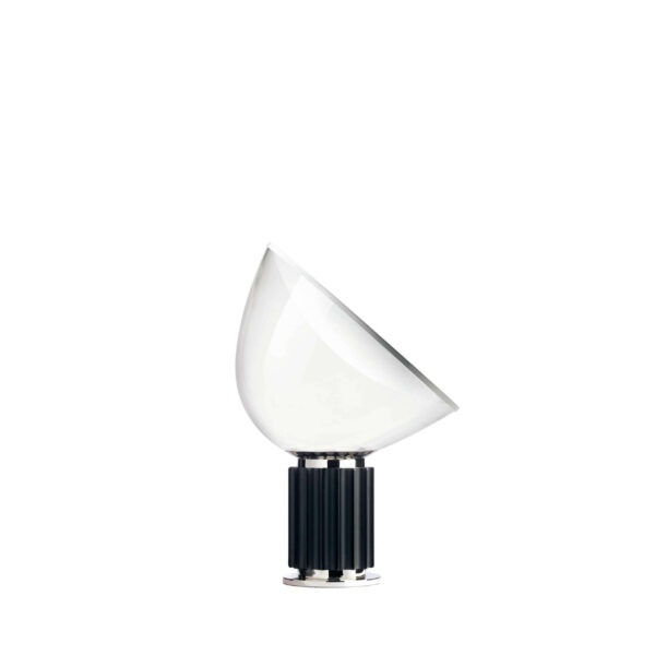 Taccia by Flos, Taccia Table Lamp by Flos with inverted concave aluminum reflector and blown-glass diffuser, front view in a Royal Oak Michigan showroom
