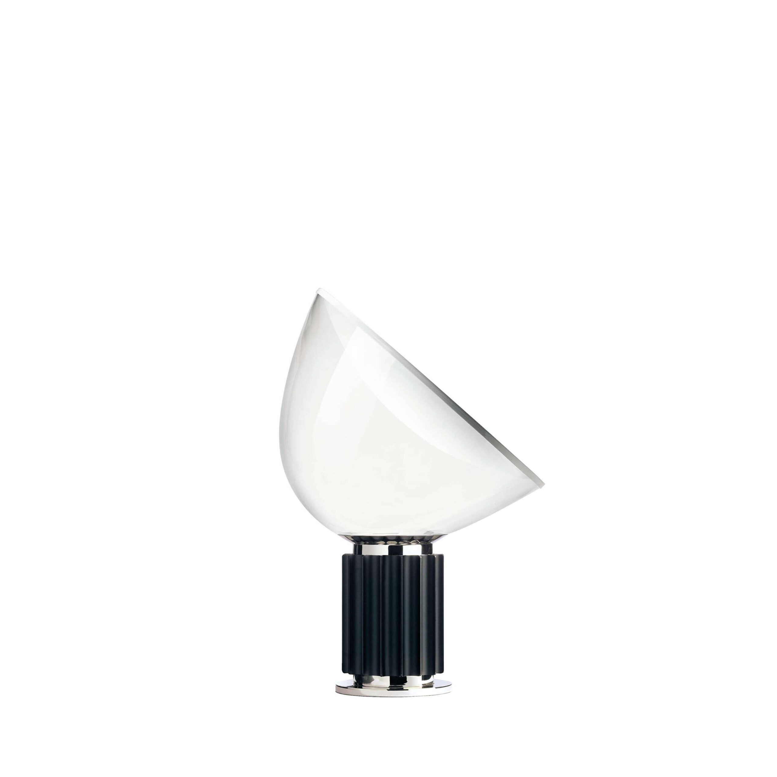 Taccia by Flos, Taccia Table Lamp by Flos with inverted concave aluminum reflector and blown-glass diffuser, front view in a Royal Oak Michigan showroom