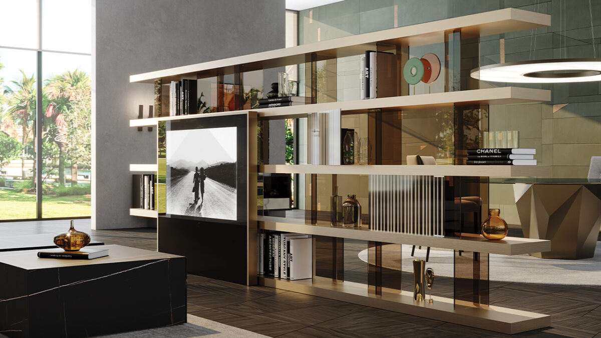 Tango T Box Reflex contemporary Italian display cabinet with glass drawers ideal for elegant Birmingham Michigan homes
