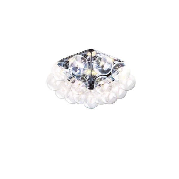 A geometric Flos Taraxacum 88 Ceiling & Wall lamp, formed by five polished aluminum triangles and holding 15 clear globe light bulbs, creating a radiant, sculptural illumination.