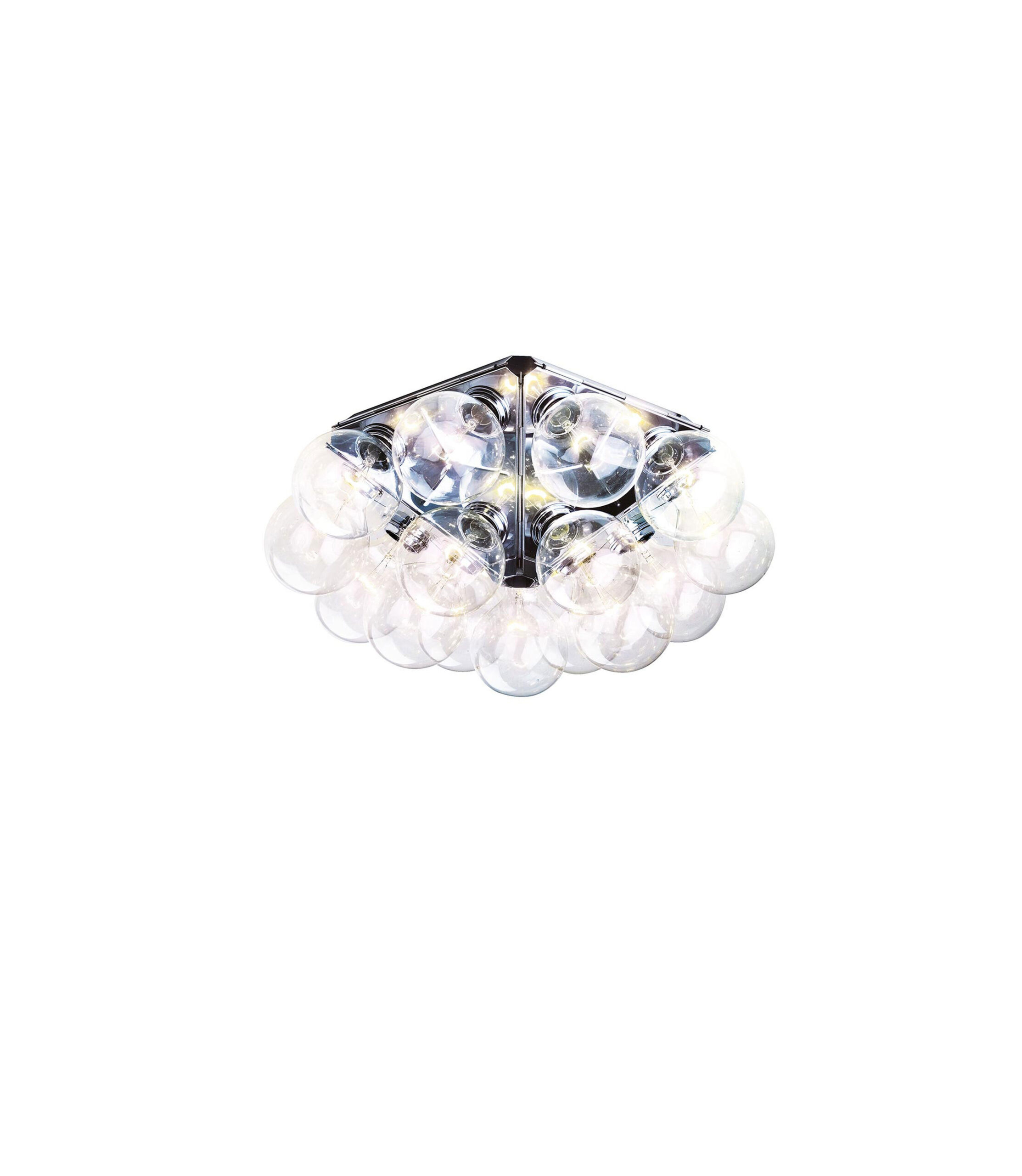 A geometric Flos Taraxacum 88 Ceiling & Wall lamp, formed by five polished aluminum triangles and holding 15 clear globe light bulbs, creating a radiant, sculptural illumination.