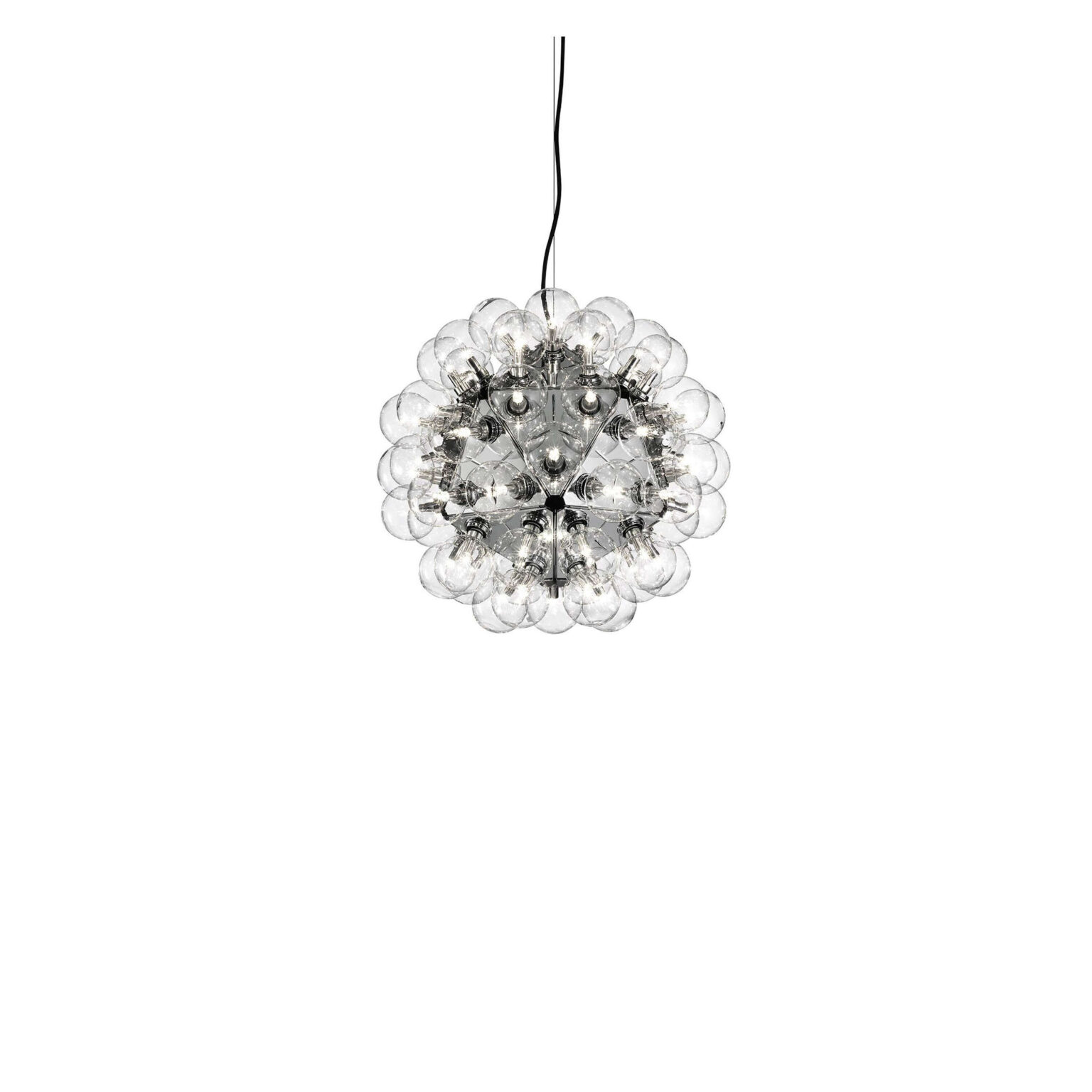Taraxacum 88 Suspension 1 by Flos, Sphere-shaped pendant light made of 20 polished aluminum triangles and 60 clear Globolux bulbs, resembling a dandelion bloom.