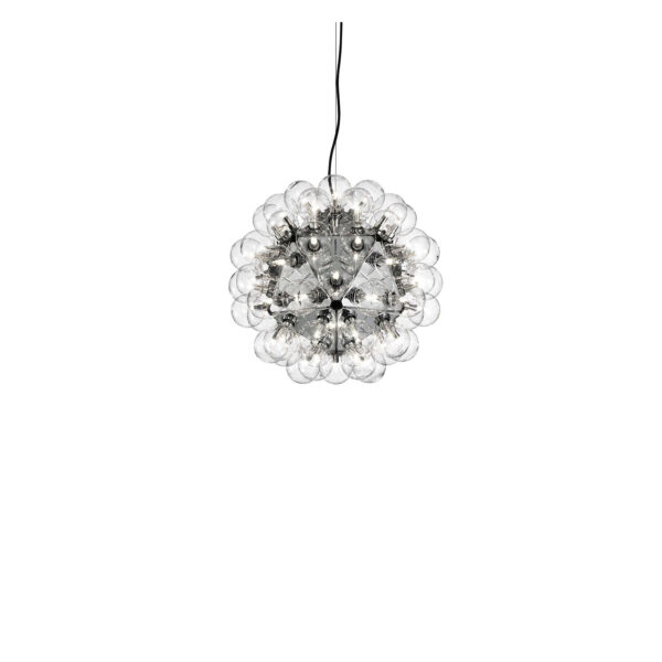 Taraxacum 88 Suspension 1 by Flos, Sphere-shaped pendant light made of 20 polished aluminum triangles and 60 clear Globolux bulbs, resembling a dandelion bloom.