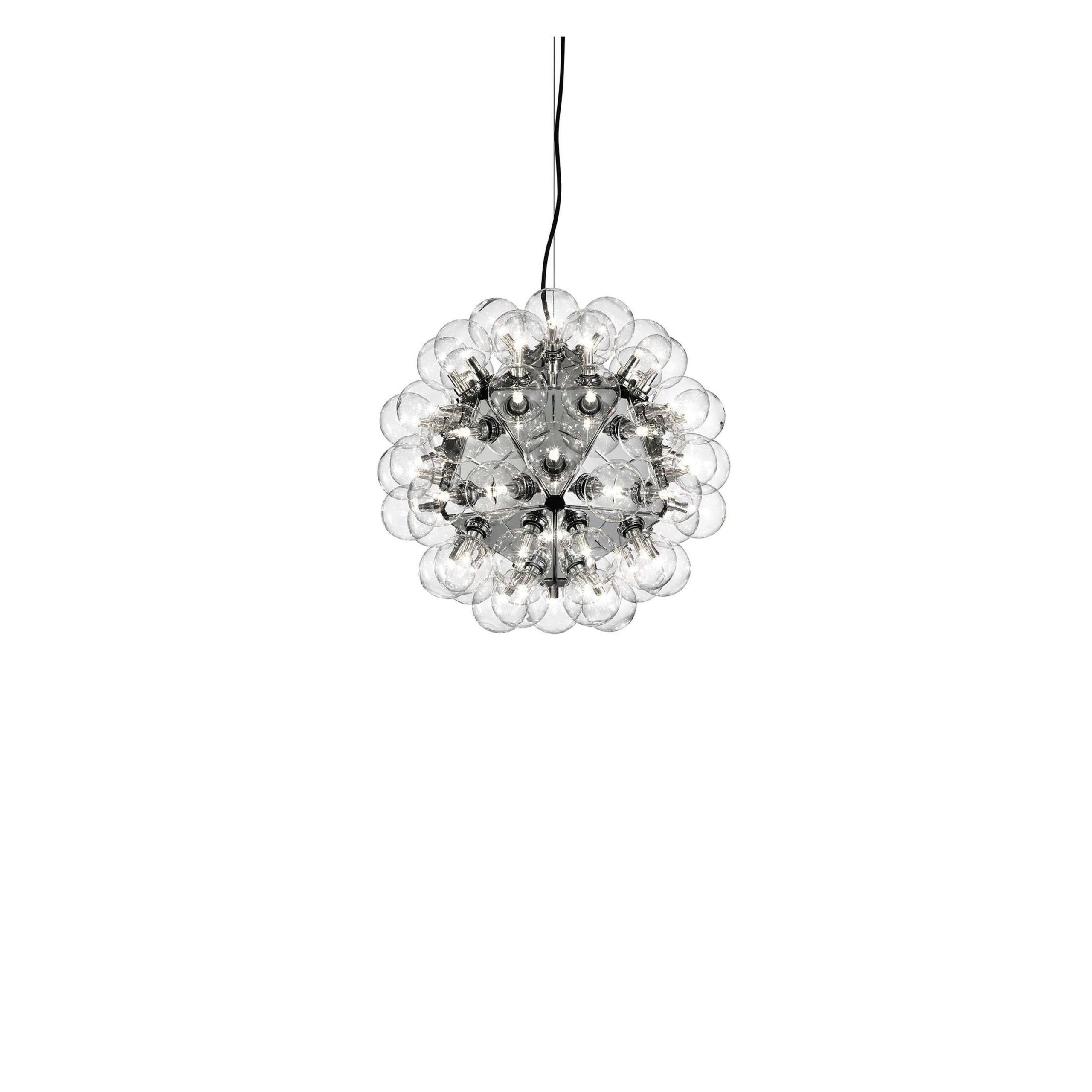 Taraxacum 88 Suspension 1 by Flos, Sphere-shaped pendant light made of 20 polished aluminum triangles and 60 clear Globolux bulbs, resembling a dandelion bloom.