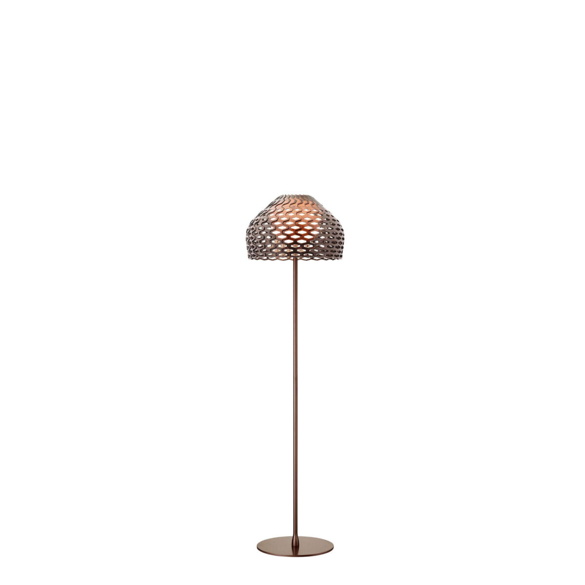 Tatou Floor by Flos, Tatou Floor Lamp by Flos in white perforated polycarbonate shade with satin diffuser, front view in a Royal Oak Michigan showroom
