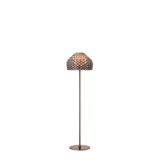 Tatou Floor by Flos, Tatou Floor Lamp by Flos in white perforated polycarbonate shade with satin diffuser, front view in a Royal Oak Michigan showroom