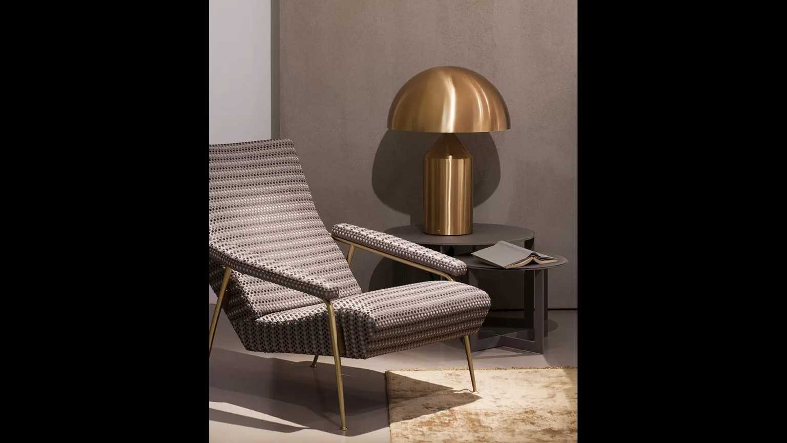  “Atollo Metal by Oluce modern Italian table lamp – iconic metallic dome lamp with geometric base design”