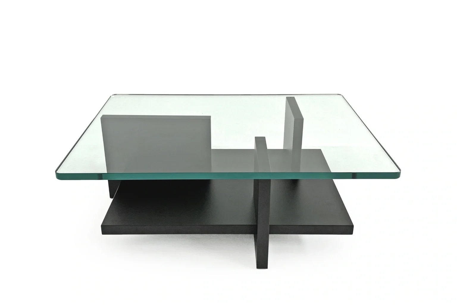 Theo Coffee Table by Moroso in matte lacquered MDF and 19 mm float glass top, front view in a Royal Oak Michigan showroom