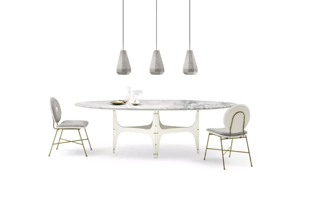 Universe by Bontempi fixed elliptical table in charcoal oak veneer with contrasting powder‑coated steel frame.