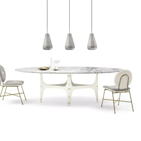Universe by Bontempi fixed elliptical table in charcoal oak veneer with contrasting powder‑coated steel frame.