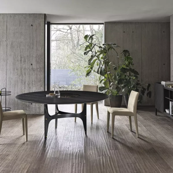 Universe Round by Bontempi – round dining table with lacquered steel arched legs and oak veneer top.