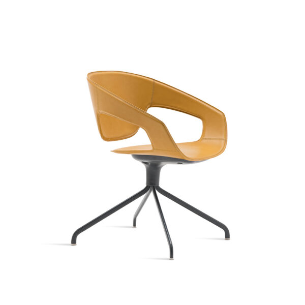 "Vad Swivel Upholstered Chair by Casamania with curved back and soft grey fabric, set on a sleek swivel base."