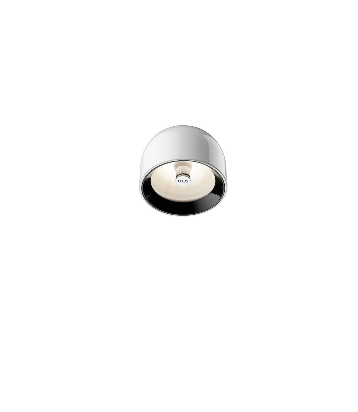 A compact, bowl-shaped Flos Wan Ceiling/Wall lamp in [specify color, e.g., "shiny white" or "shiny black"] aluminum, designed to provide direct, glare-free light when mounted on a ceiling or wall.