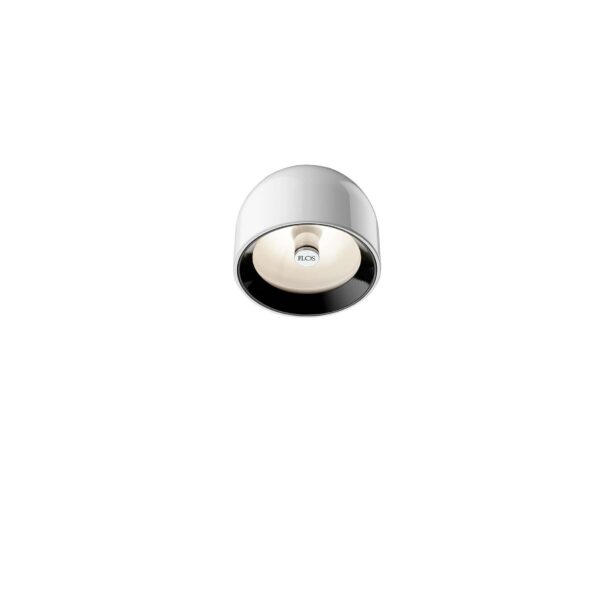 A compact, bowl-shaped Flos Wan Ceiling/Wall lamp in [specify color, e.g., "shiny white" or "shiny black"] aluminum, designed to provide direct, glare-free light when mounted on a ceiling or wall.