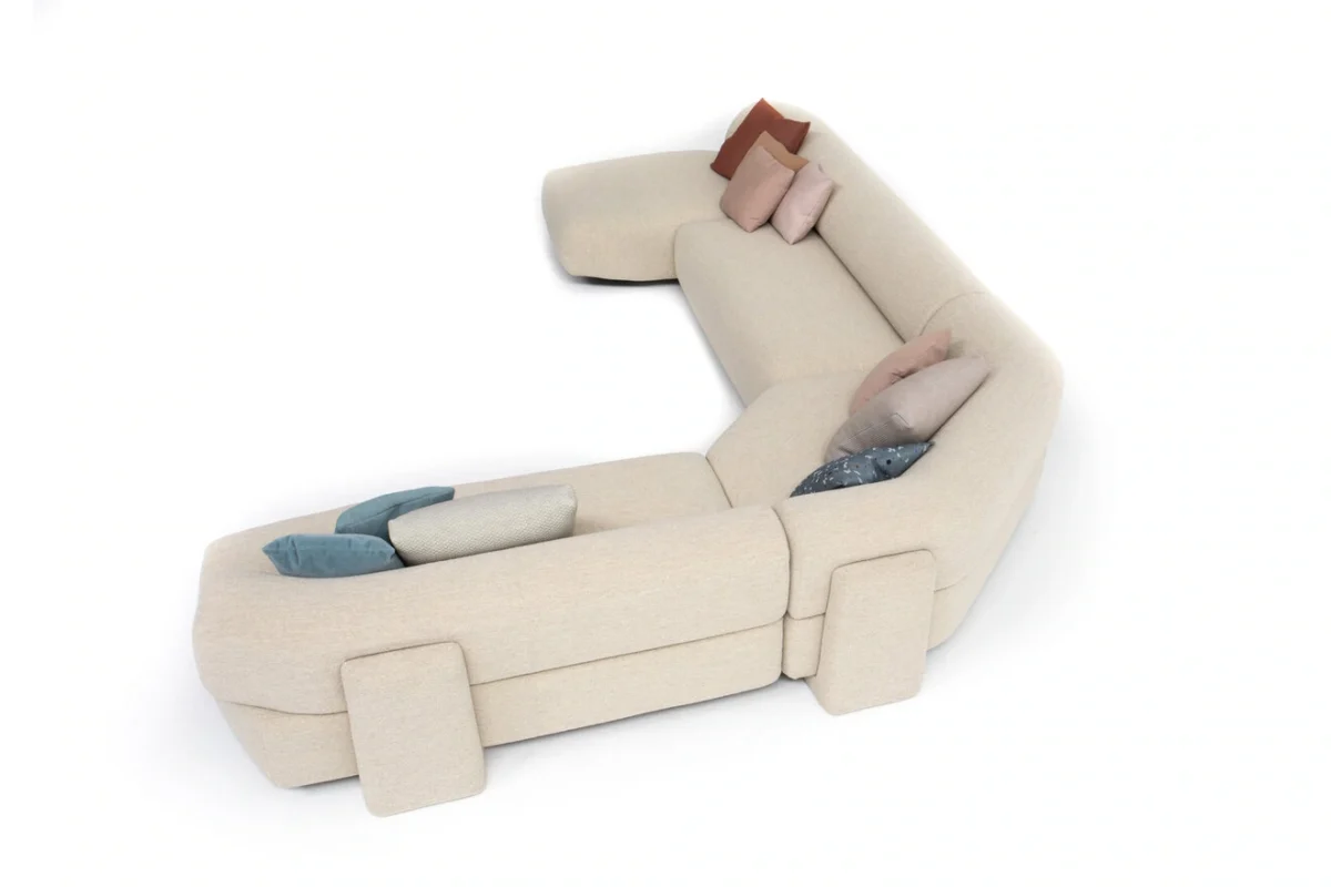 Gogan Sofa by Moroso close-up of textured fabric upholstery and pebble-like contours at the Michigan Design Center