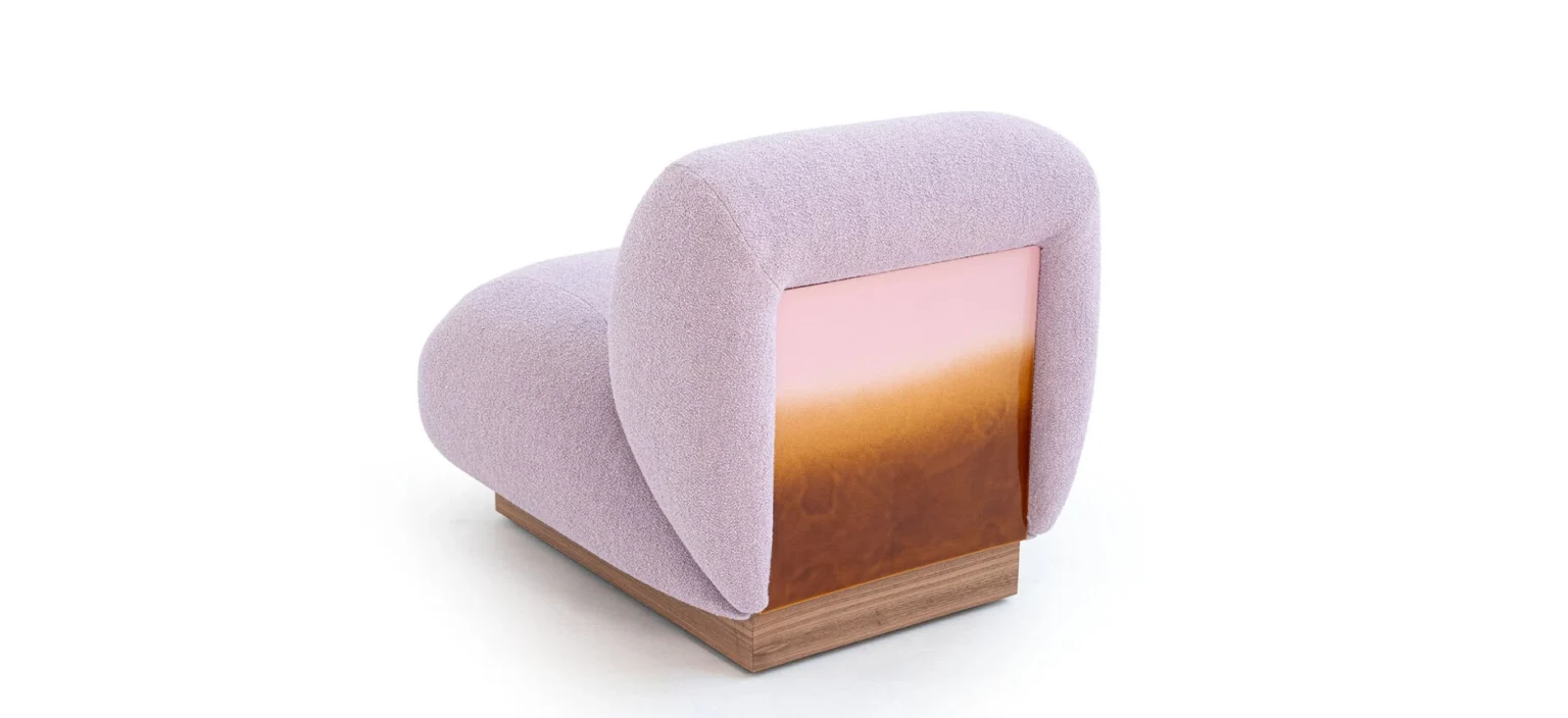 Clay armchair by Moroso in plush Italian fabric upholstery, front view in a Royal Oak Michigan showroom