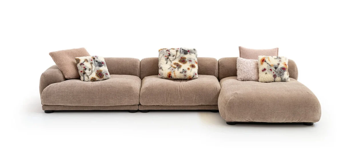 Me‑Time Sofa by Moroso in voluminous curved seating with sloped armrest, front view in a Royal Oak Michigan showroom