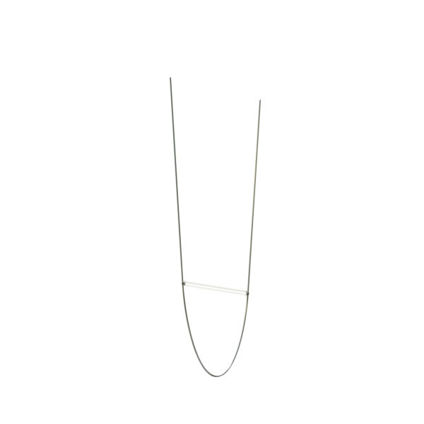 Wireline by Flos, Wireline pendant lamp in pink, featuring a transparent extruded glass tube with an opal polycarbonate diffuser, suspended by a flattened rubber cable.