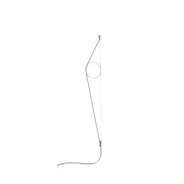 A modern Flos Wirering wall lamp featuring a large, grey rubber power cable tautly stretched to support a circular, LED-illuminated grey aluminum ring, creating indirect light.
