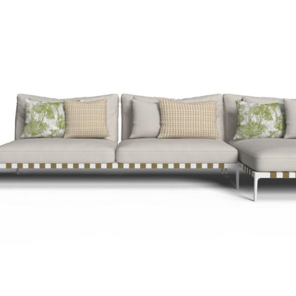 "Weatherproof Salinas Modular Sofa by Talenti with powder-coated frame and removable, washable fabric cushions."