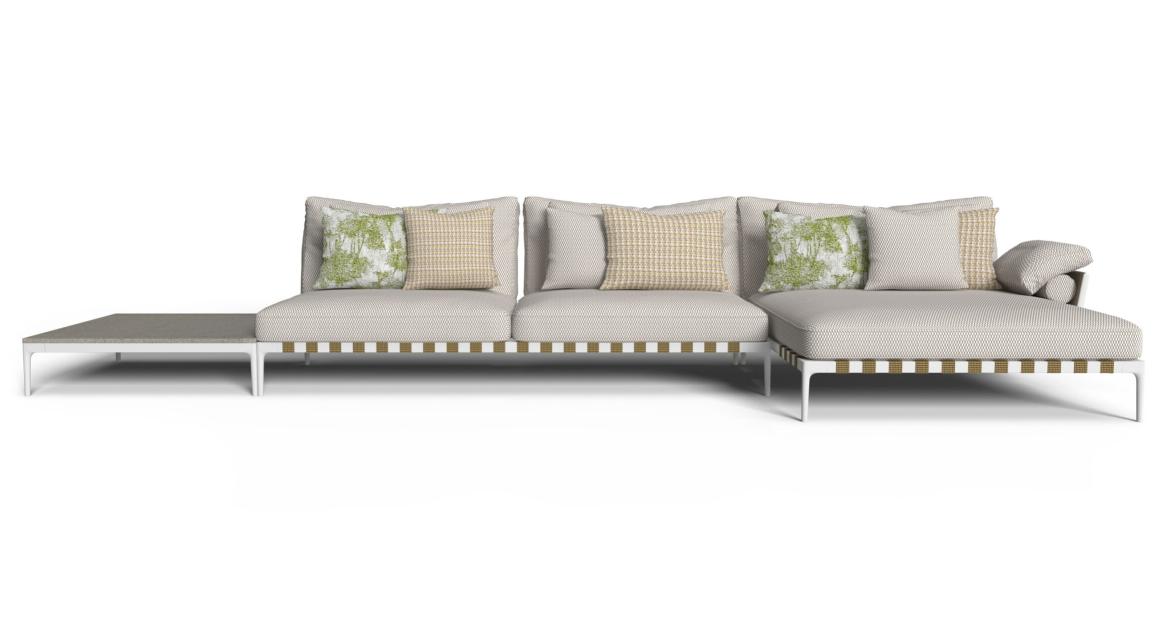 "Weatherproof Salinas Modular Sofa by Talenti with powder-coated frame and removable, washable fabric cushions."