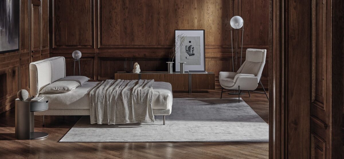 “SKIN platform bed by Ditre Italia – contemporary Italian bedroom furniture with soft fabric and clean silhouette”